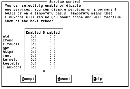 Linuxconf screen shot showing how to enable/disable run-level services.