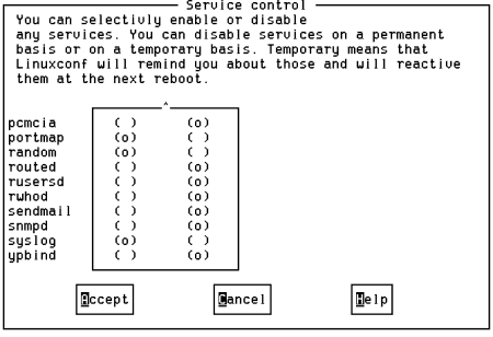 Linuxconf screen shot showing how to enable/disable run-level services.